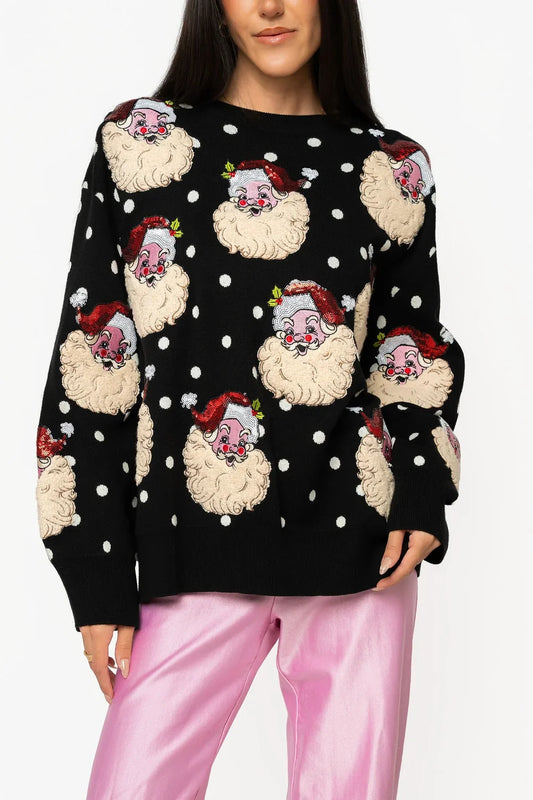 Queen Of Sparkles Black & White Polka Dot Scattered Santa Sweater