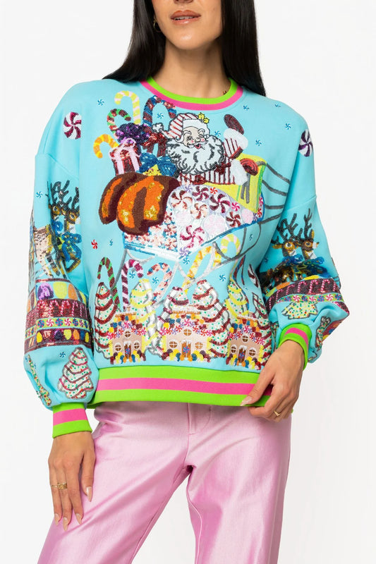 Aqua Vintage Santa Gingerbread House Sweatshirt