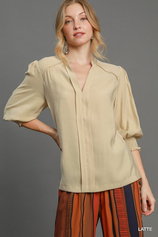 Split Neck Top with Cuff Long Sleeves