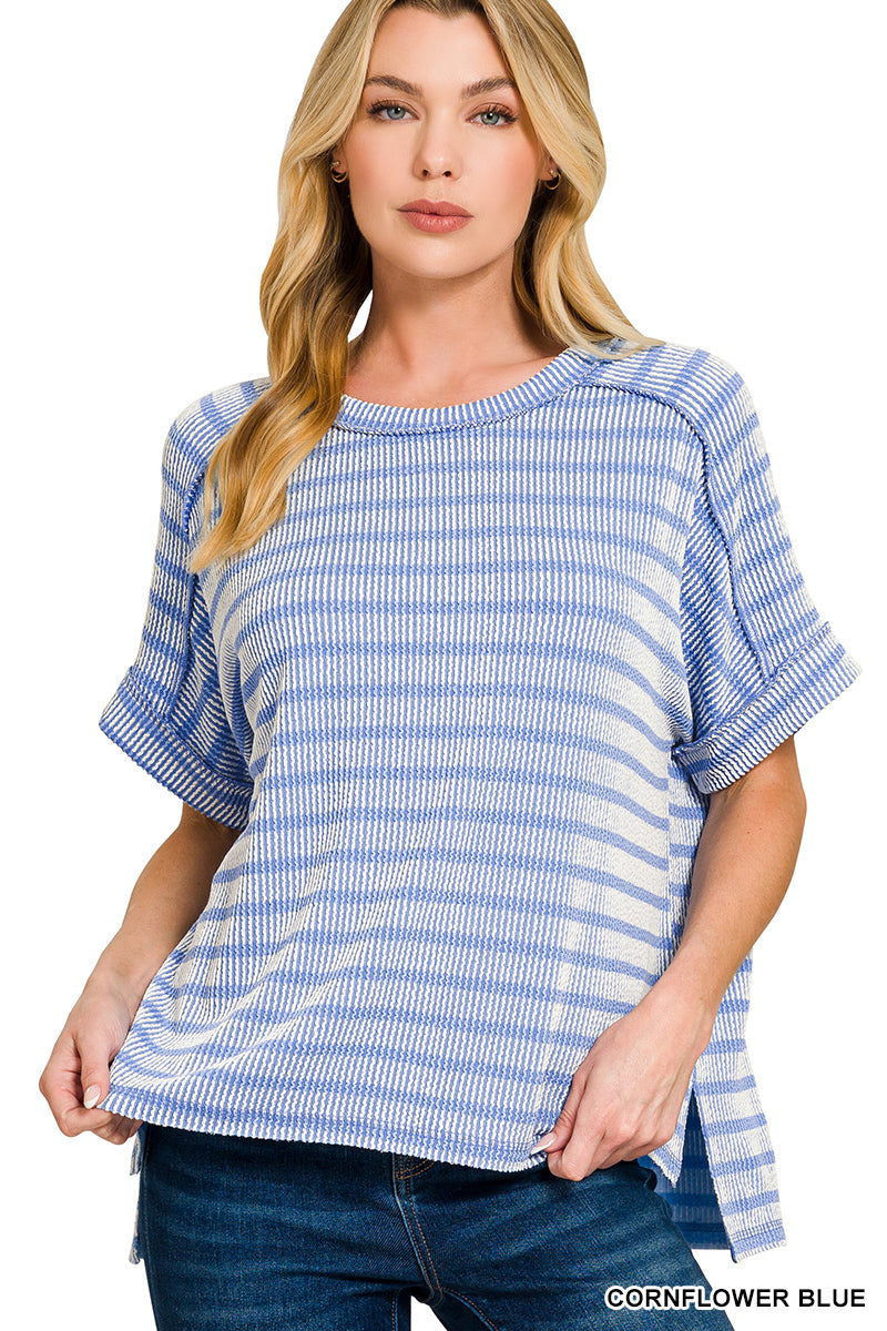 Raised rib striped exposed seam top