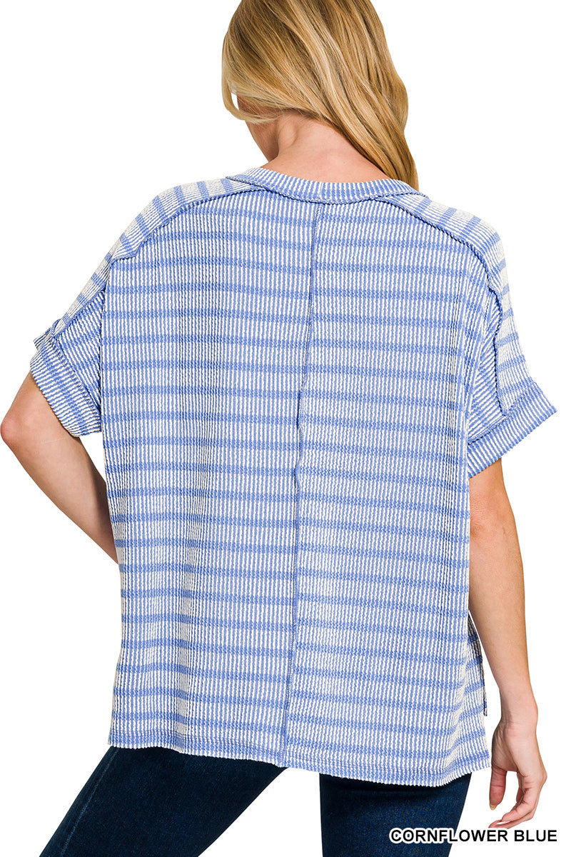 Raised rib striped exposed seam top