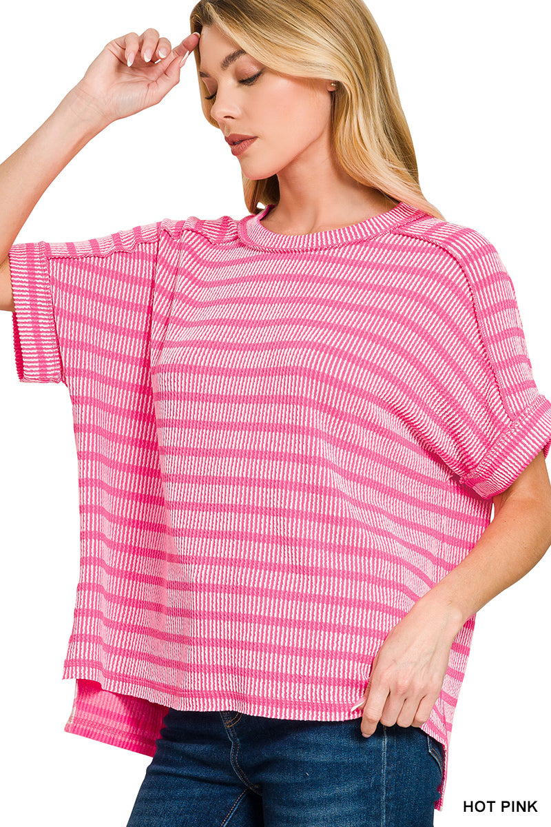 Raised rib striped exposed seam top