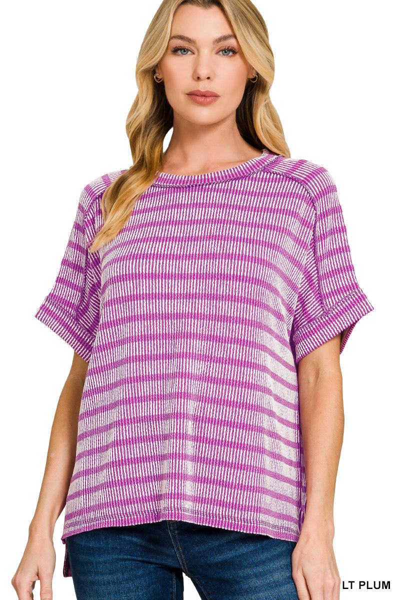 Raised rib striped exposed seam top
