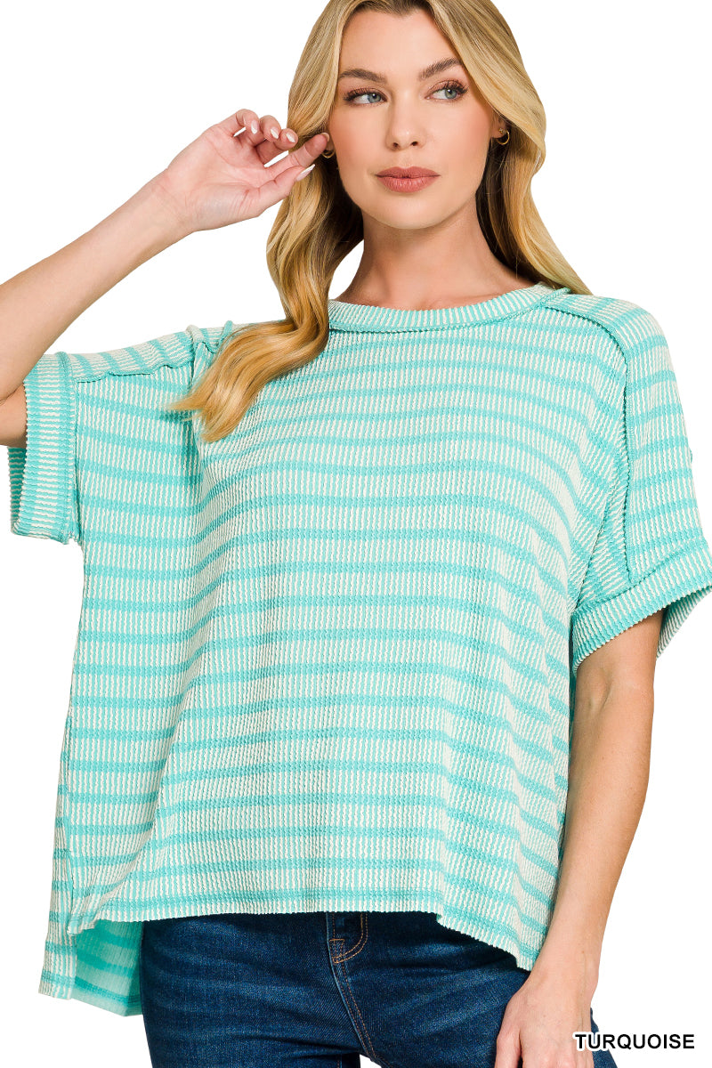Raised rib striped exposed seam top