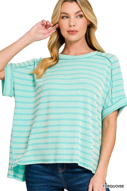 Raised rib striped exposed seam top
