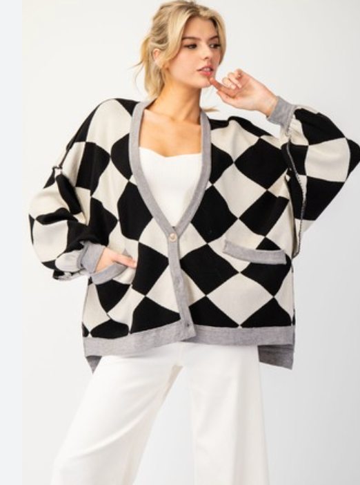 Checkered Printed Sweater Cardigan