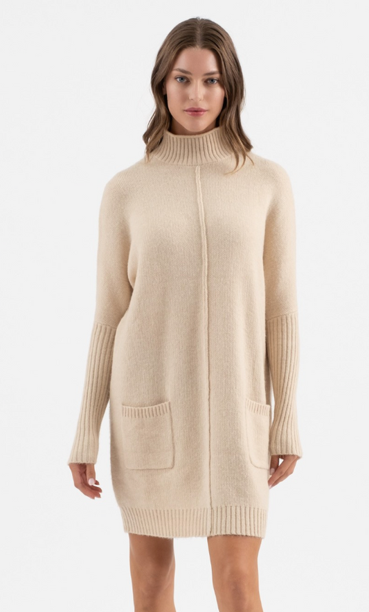 MOCK NECK FRONT SEAM KNIT SWEATER DRESS