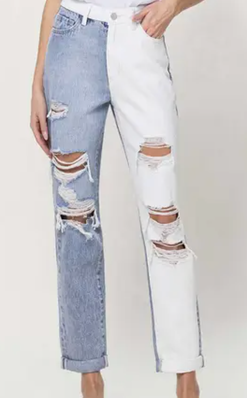Mom Jean With Split Two Tone Color