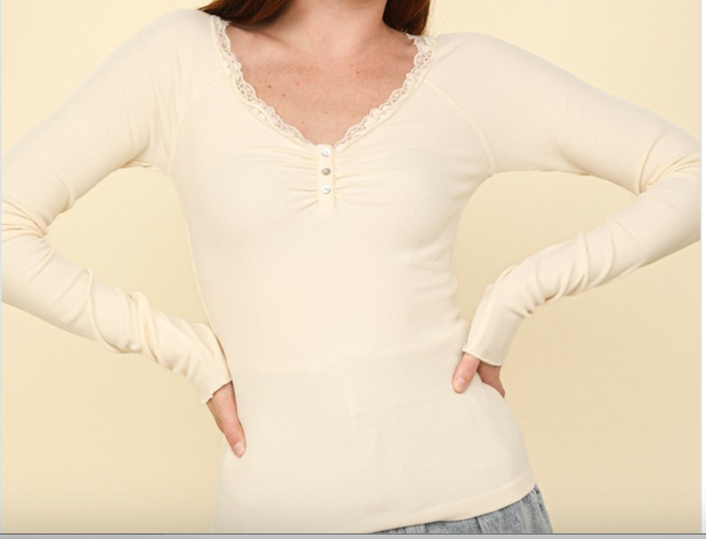 Lace Neck Long Sleeve Top