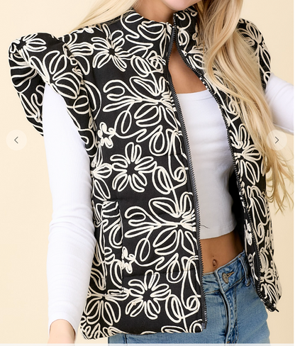 Floral Velvet Embroidered Ruffle Puffer Vest