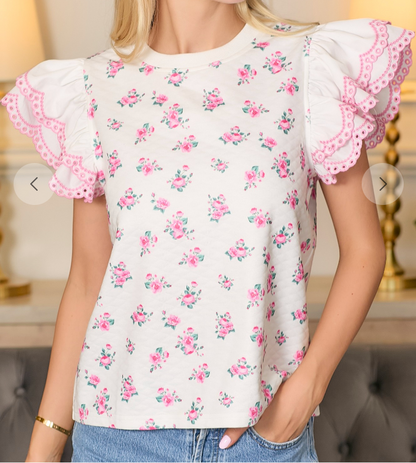 Floral Top with Eyelet Ruffle Sleeves