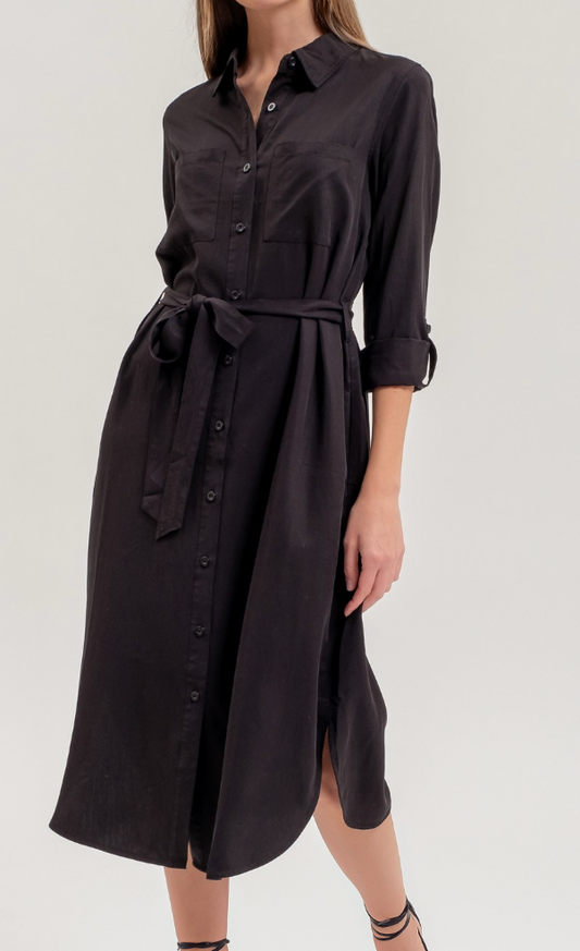 Black Collared 3/4 Sleeve Shirt Dress