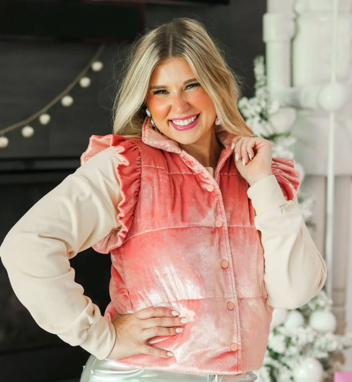 Shimmer Ruffle Sleeve Puffer Vest