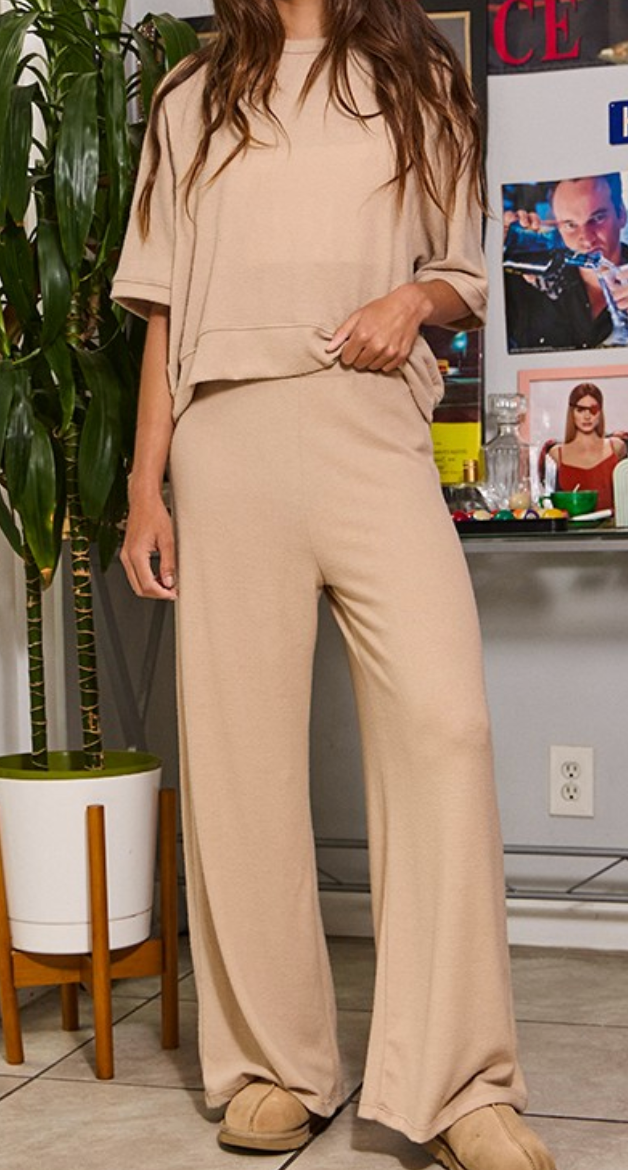 Brushed Knit Wide Leg Set - Tan