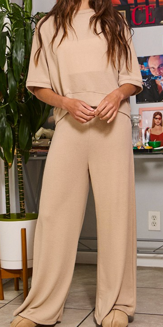 Brushed Knit Wide Leg Set - Tan