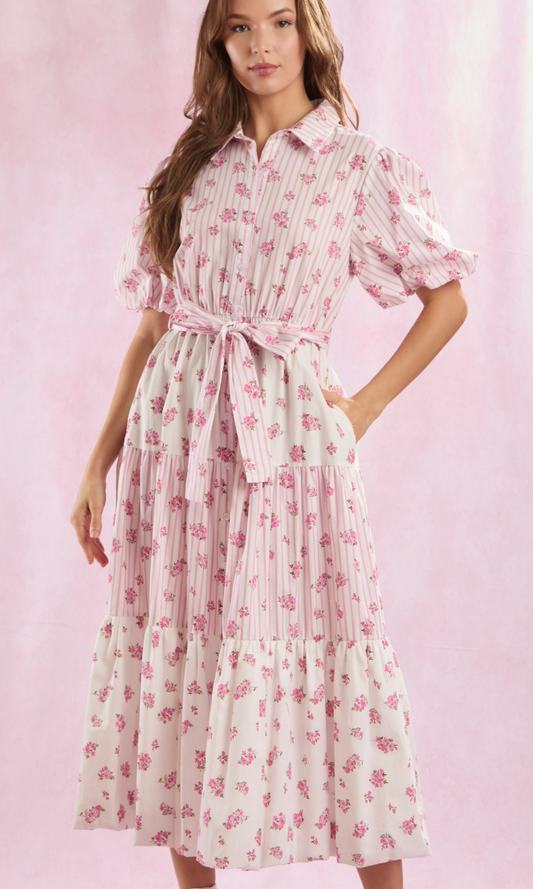 Poplin Stripe and Floral Midi Dress