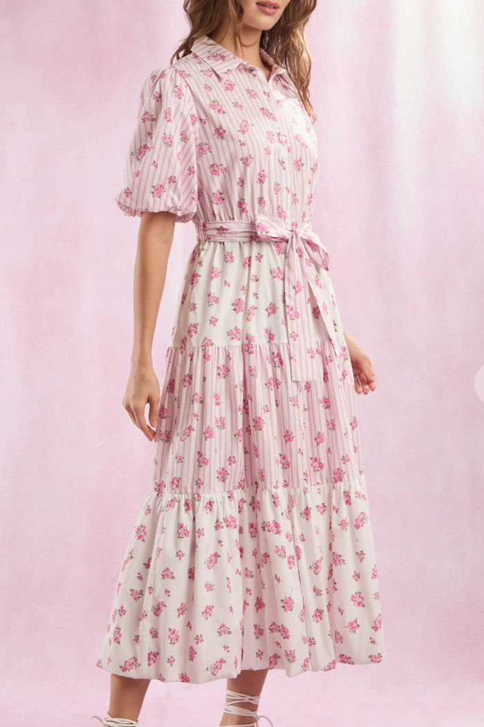 Poplin Stripe and Floral Midi Dress