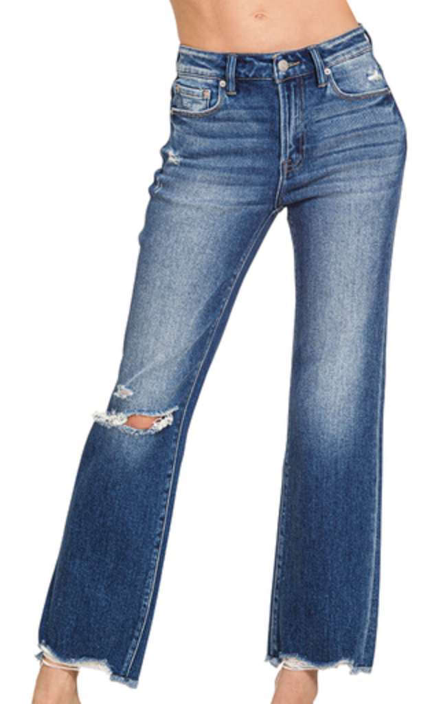 DISTRESSED KNEE RAW HEM DENIM PANTS