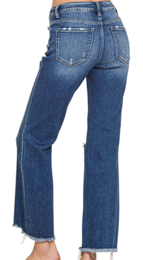 DISTRESSED KNEE RAW HEM DENIM PANTS