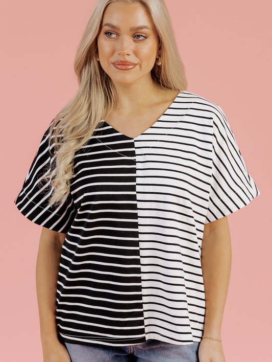 Black Stripe Two-Tone V-Neck Tee
