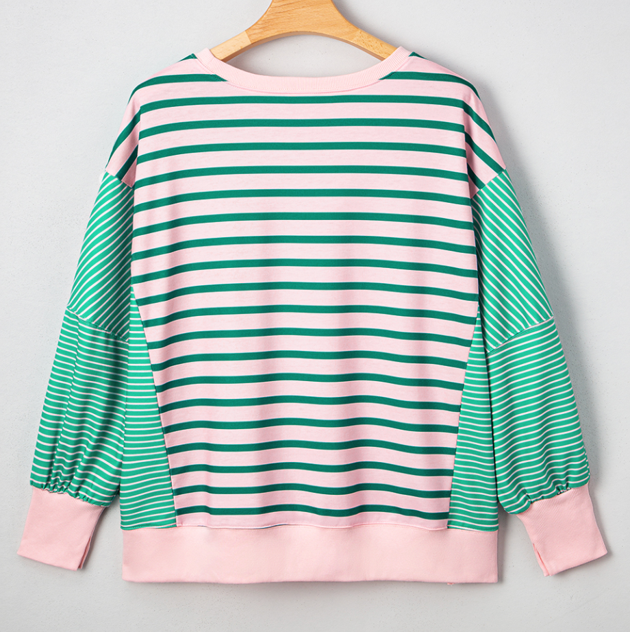 Green Stripe Color Block Plus Size Sweatshirt