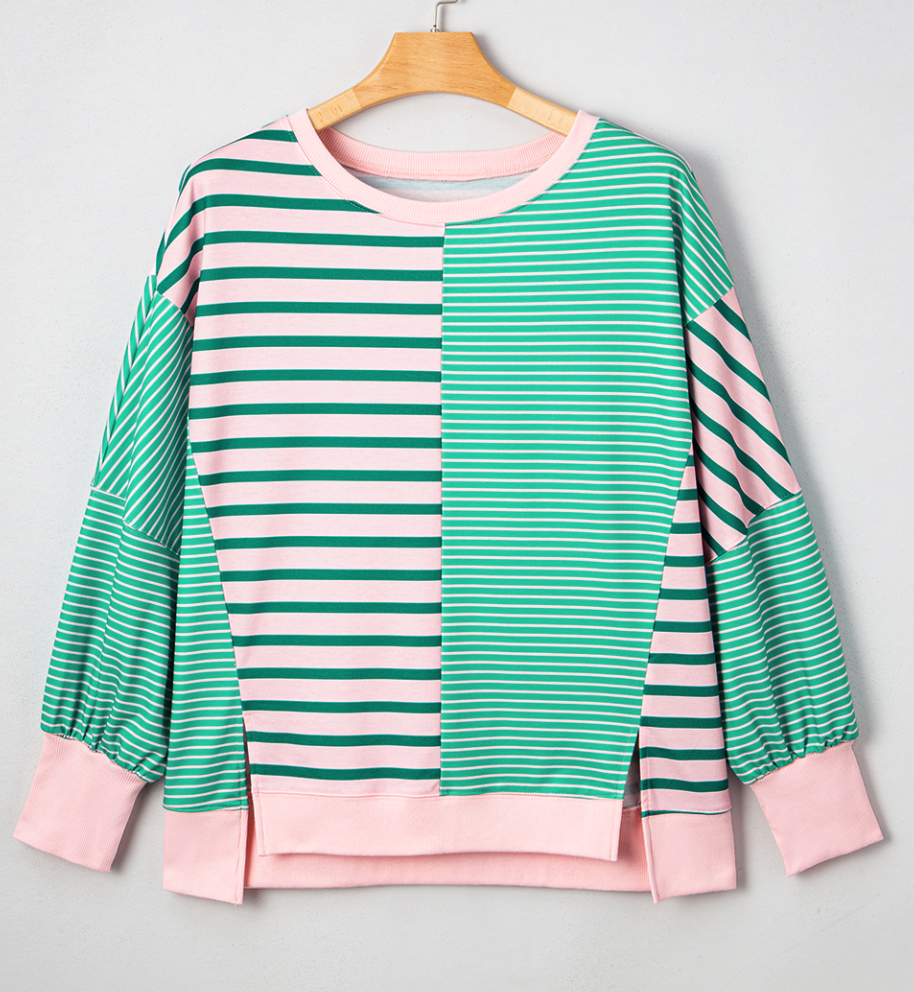 Green Stripe Color Block Plus Size Sweatshirt