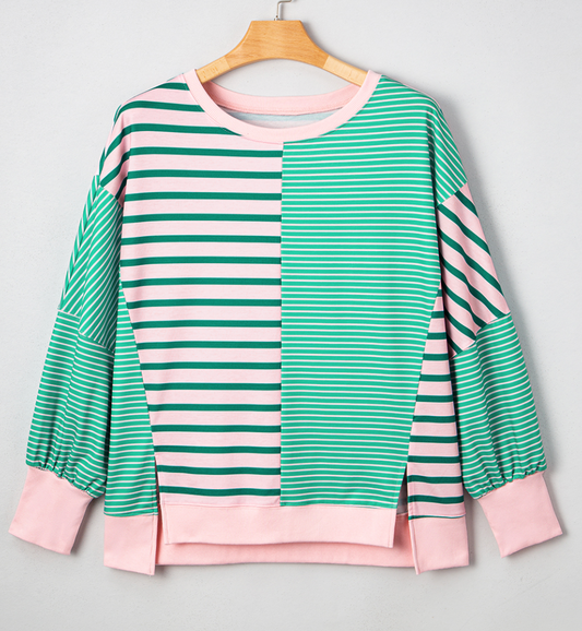 Green Stripe Color Block Plus Size Sweatshirt