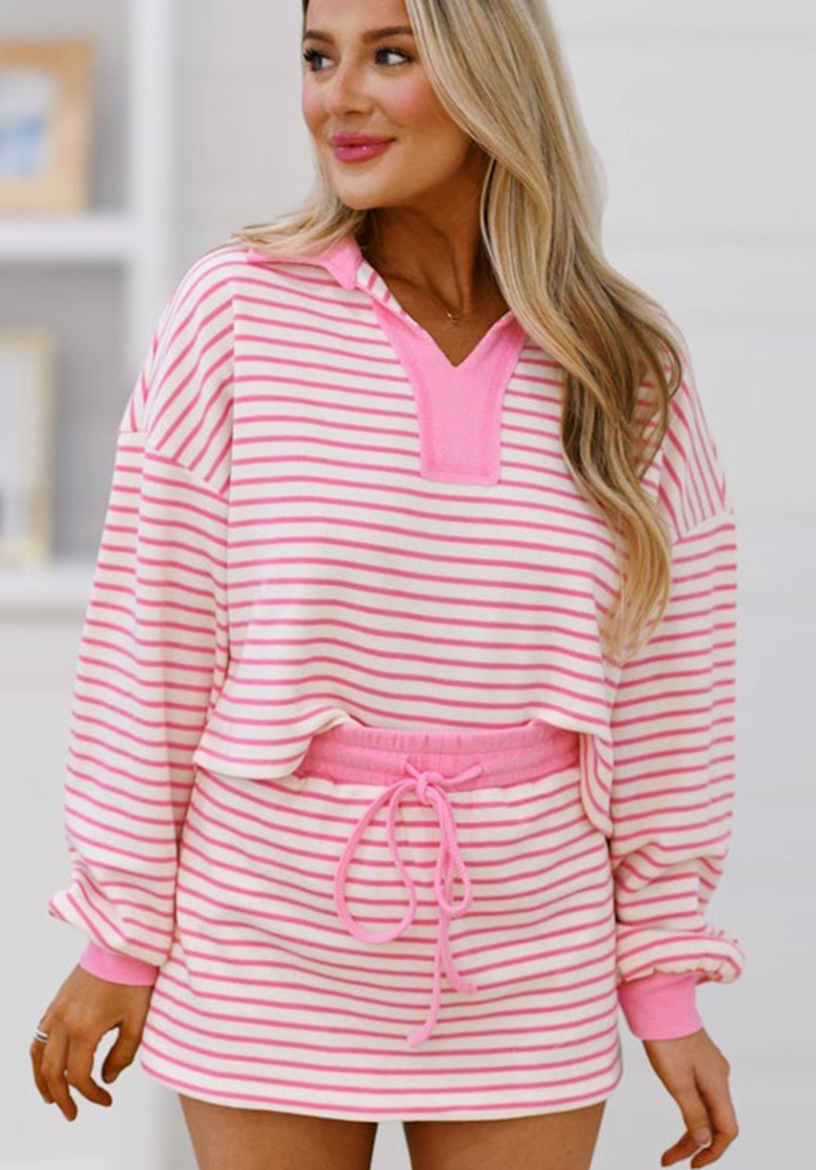 Pink Stripe Collared Pullover Skort Set