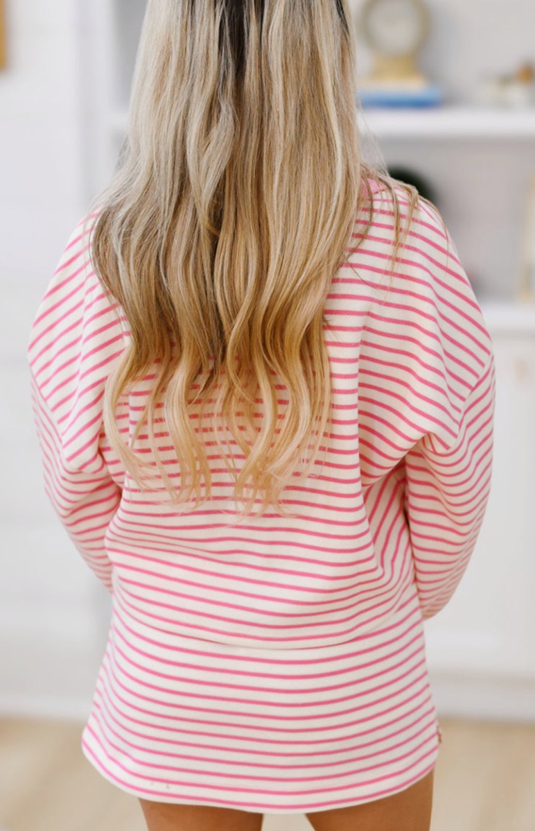 Pink Stripe Collared Pullover Skort Set