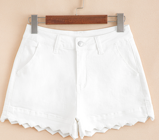 White Scalloped Hem Acid Wash Denim Shorts