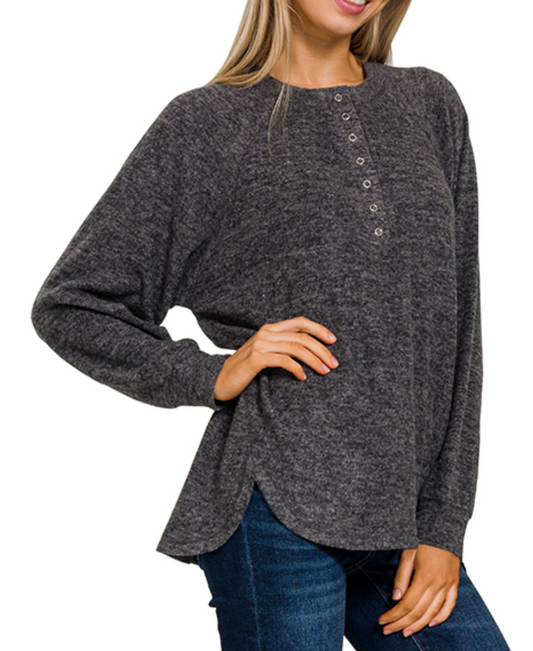 Brushed melange hacci oversized 7-button henley placket sweater