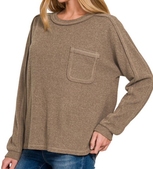 Brushed ribbed hacci round neck sweater