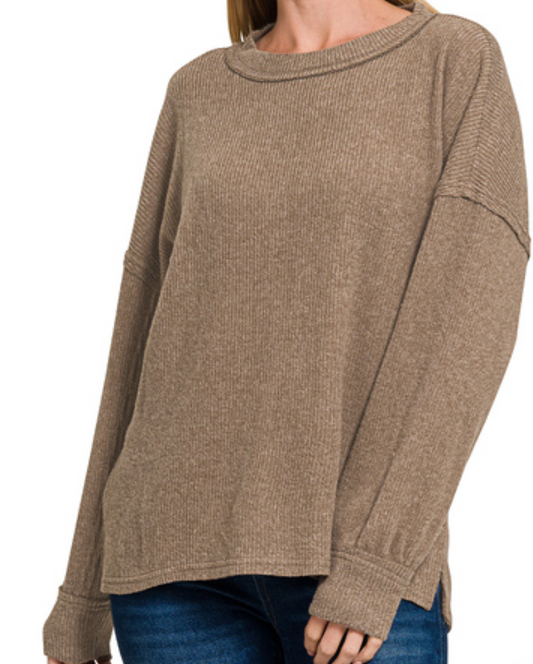 Brushed ribbed hacci exposed seam drop shoulder sweater