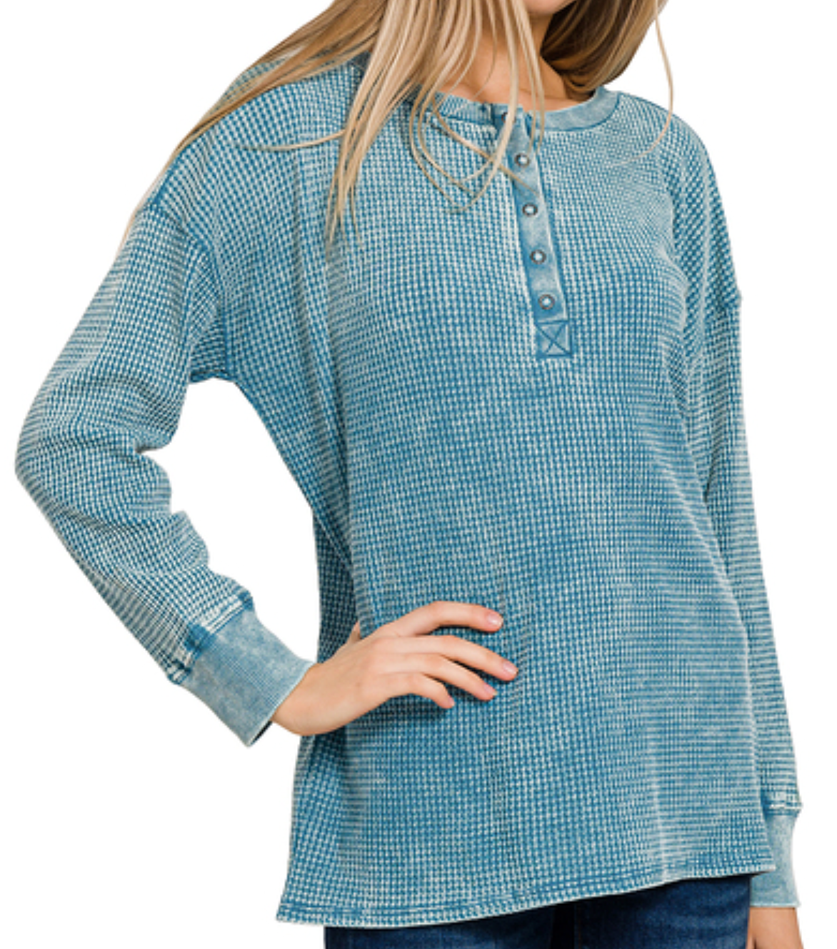 Washed baby waffle henley neckline long sleeve top