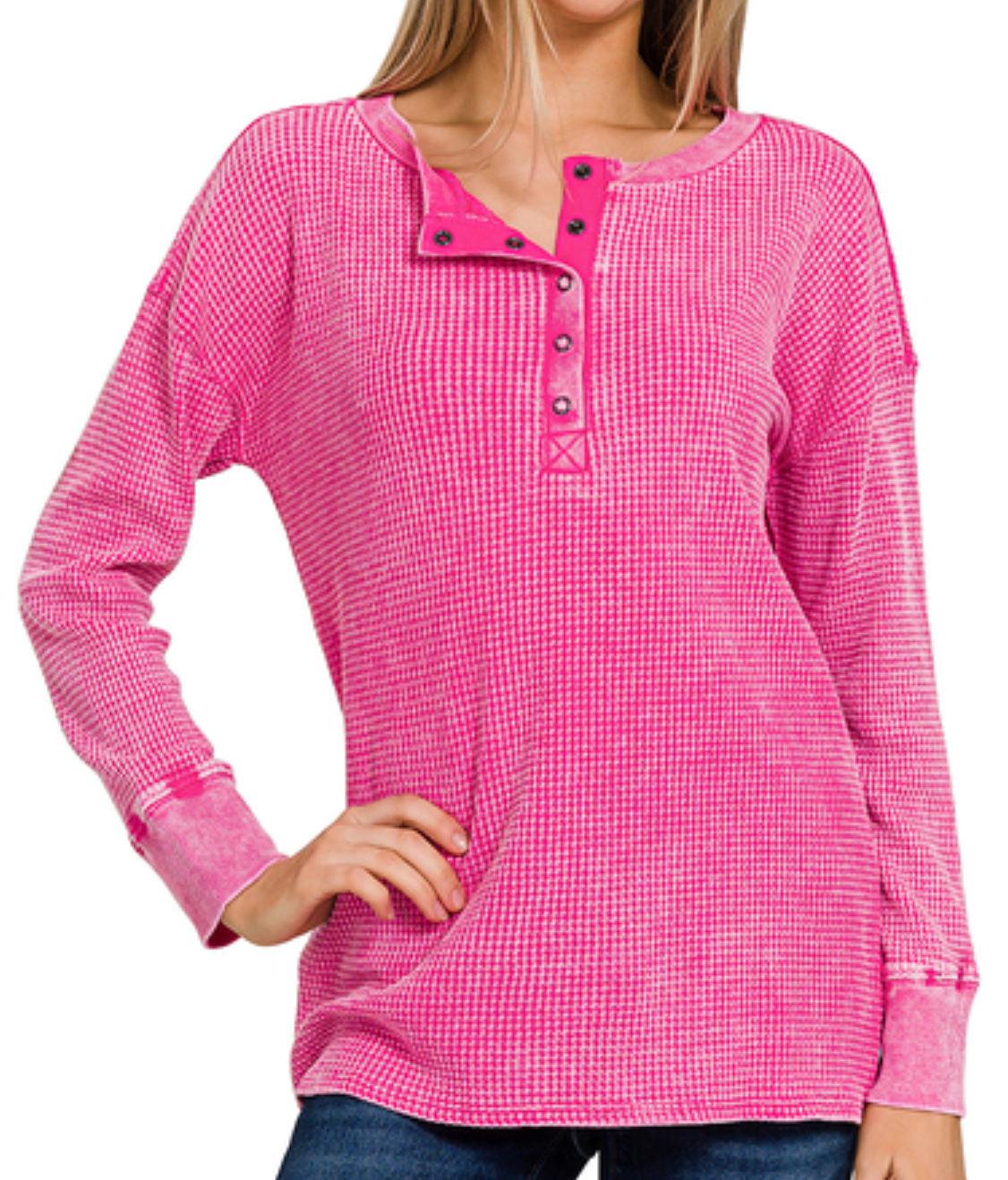 Washed baby waffle henley neckline long sleeve top