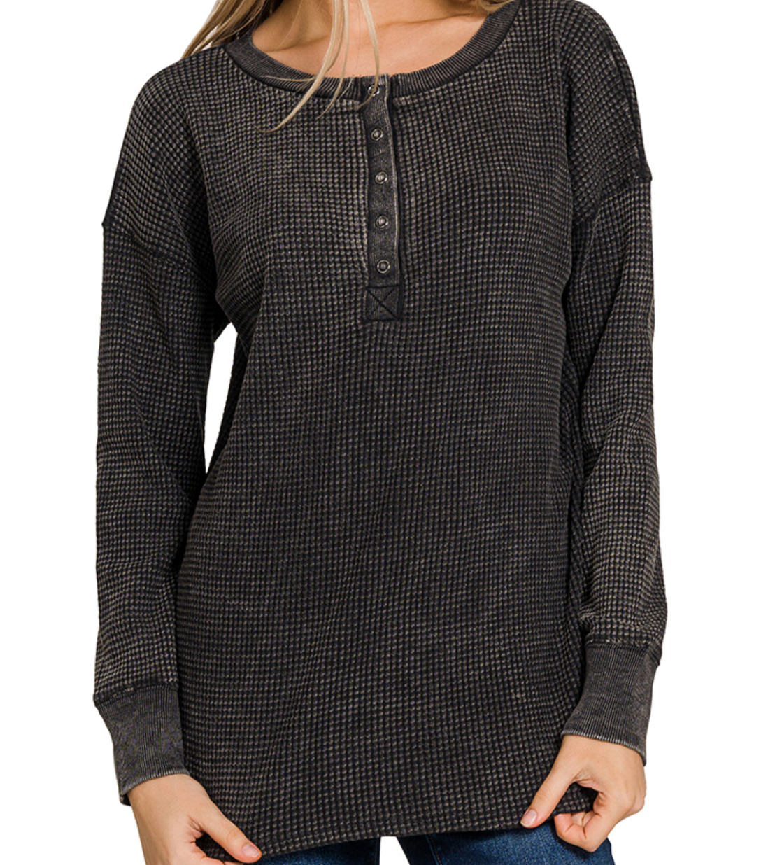 Washed baby waffle henley neckline long sleeve top