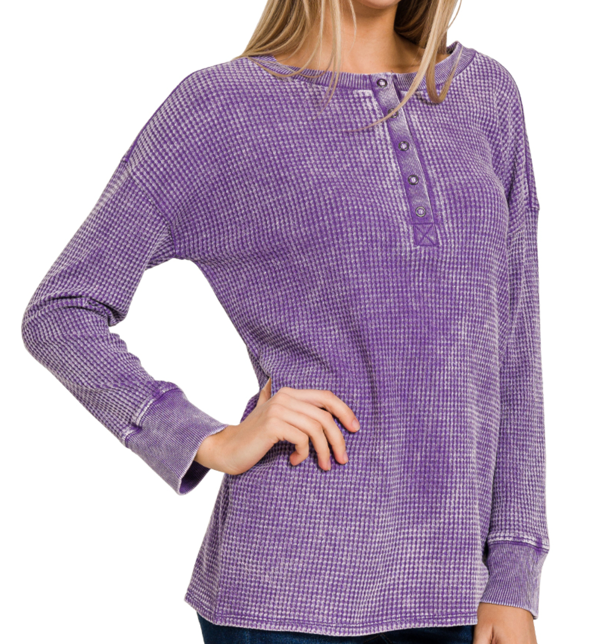 Washed baby waffle henley neckline long sleeve top