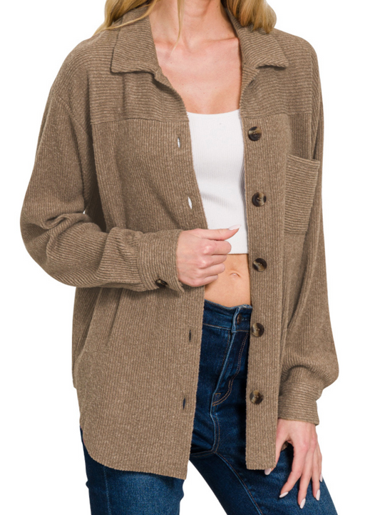 Brushed rib collared neck button front shackets