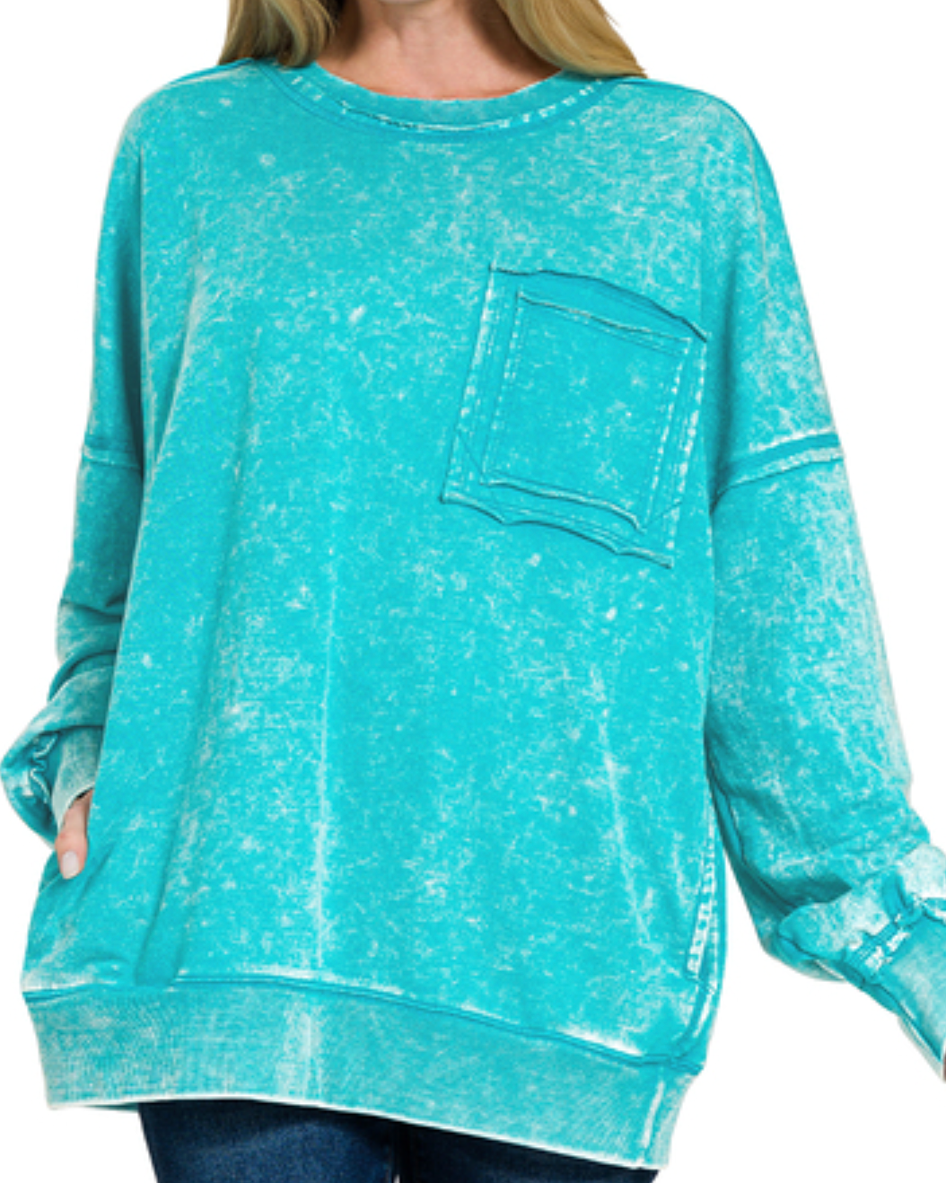 Terry acid wash raw edge front pocket pullover