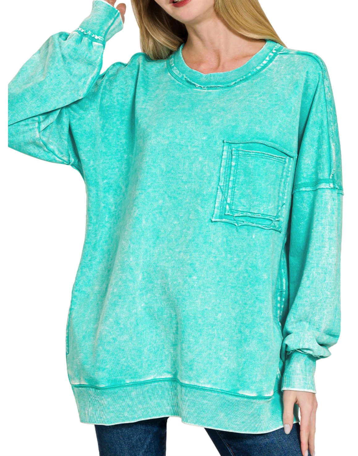 Terry acid wash raw edge front pocket pullover