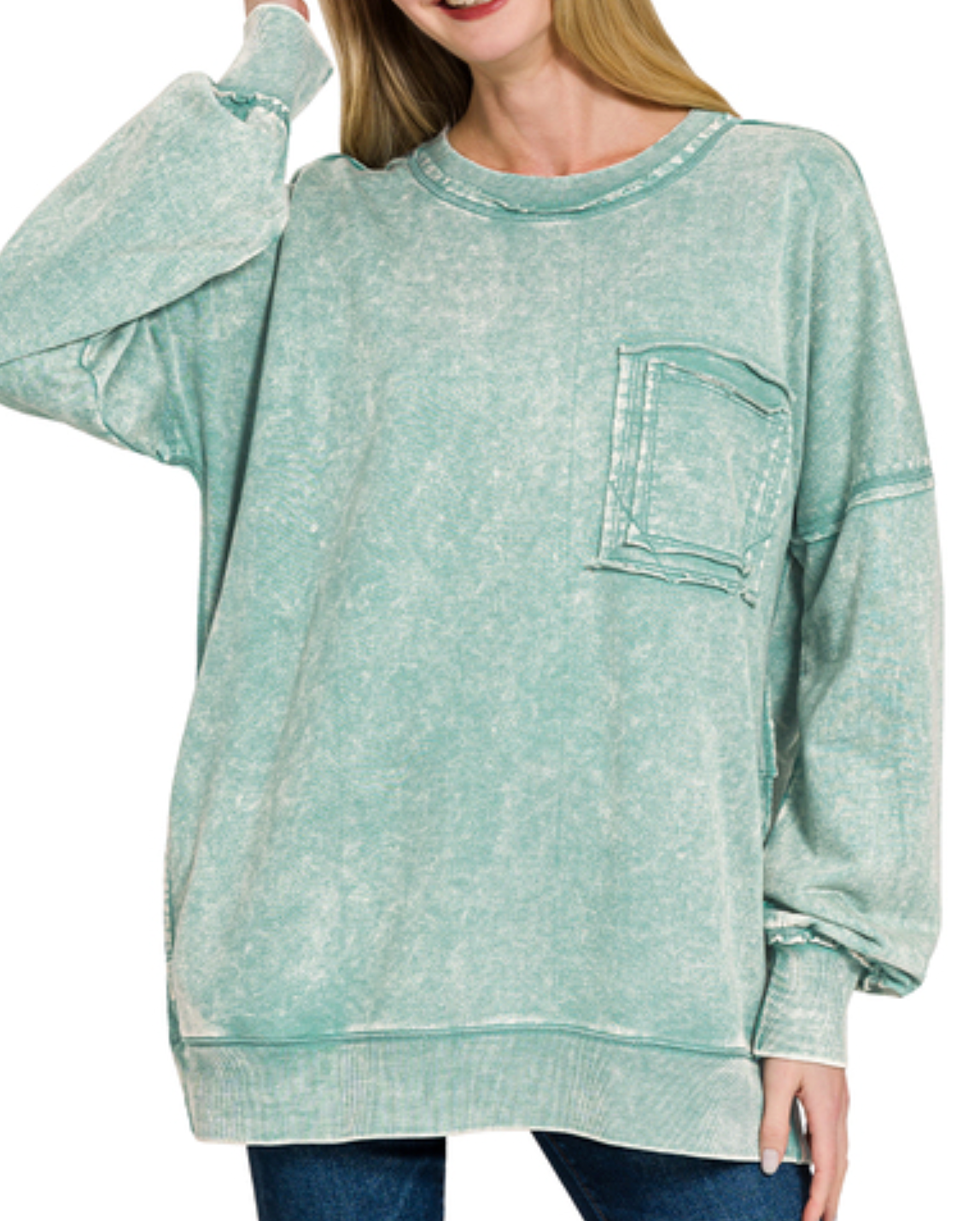 Terry acid wash raw edge front pocket pullover