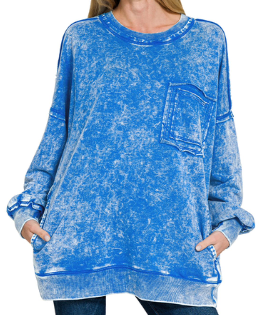 Terry acid wash raw edge front pocket pullover