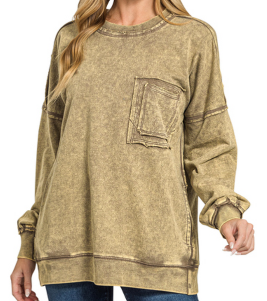 Terry acid wash raw edge front pocket pullover