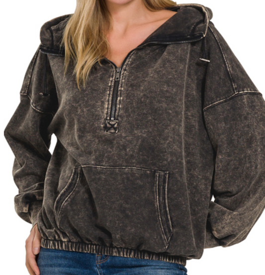 French terry acid wash kangaroo pocket hoodie