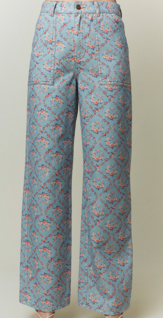 Blue Floral Denim Pants