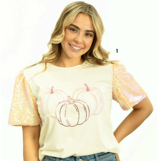 Three Pumpkin Sequin Short Sleeve Top