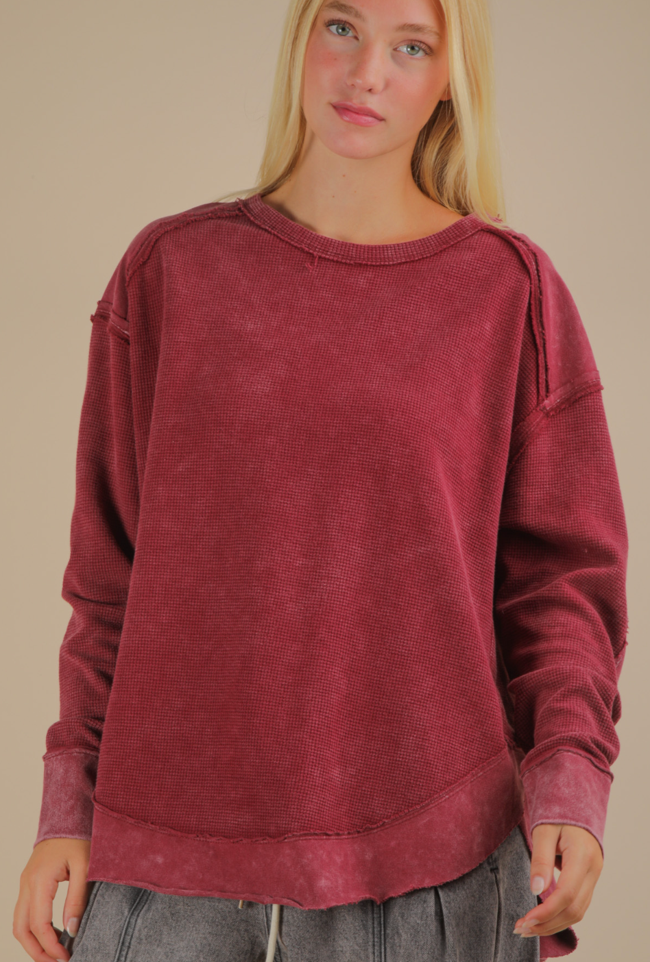 Mineral Washed Elbow Patch Contrast Knit Top