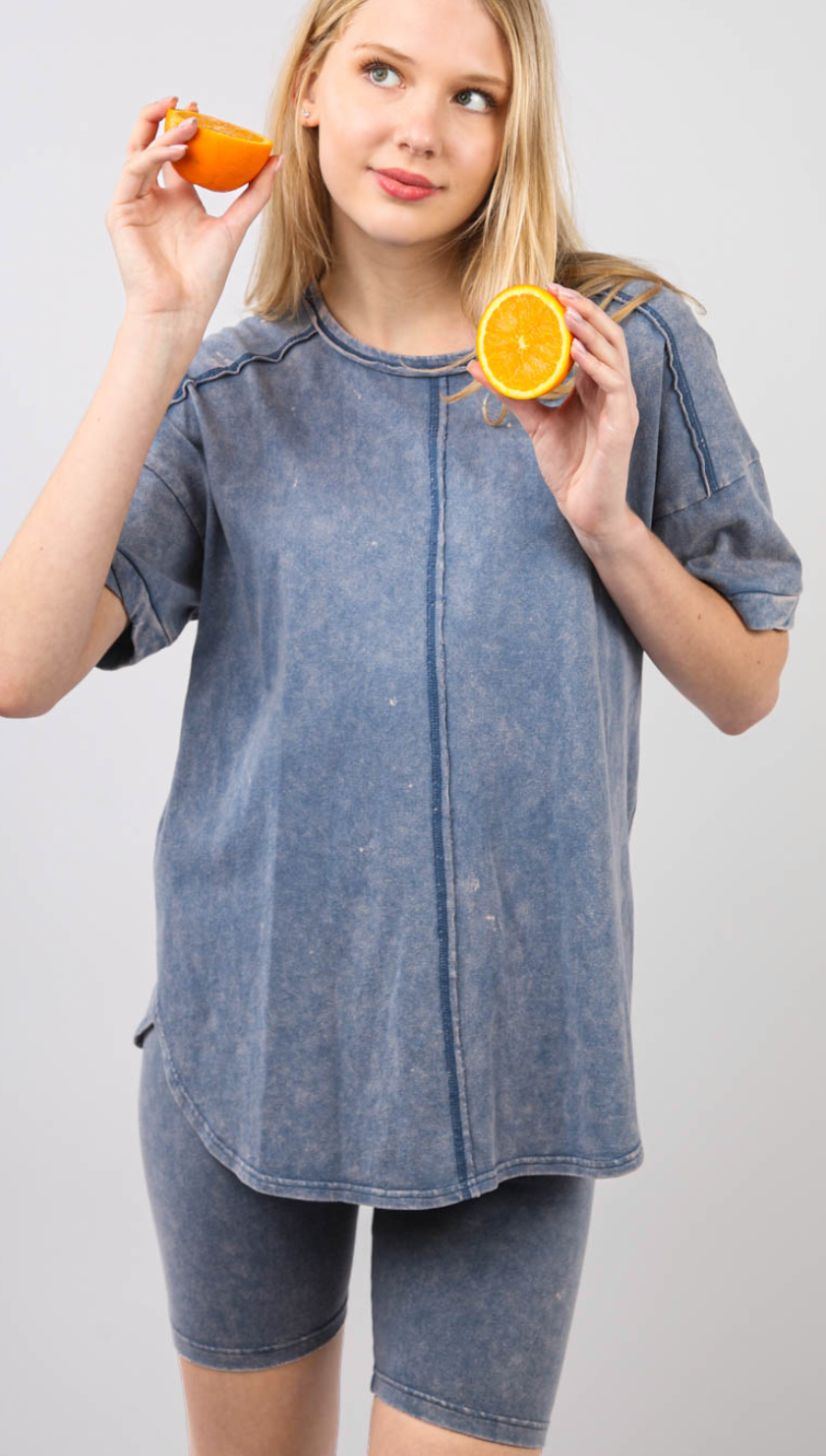 Washed Stretchy Knit Activewear Top & Shorts