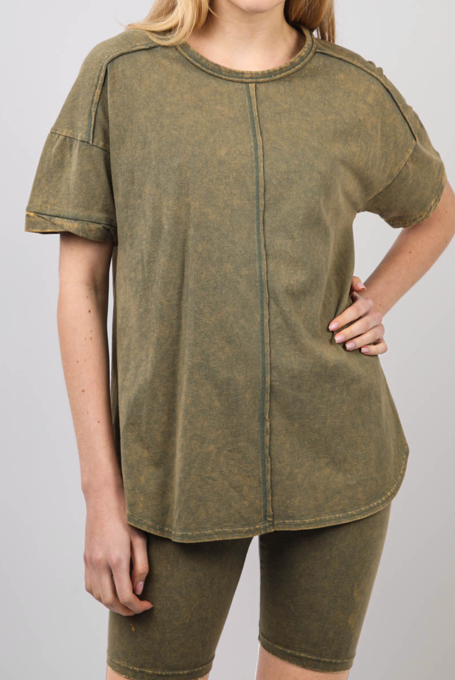 Washed Stretchy Knit Activewear Top & Shorts