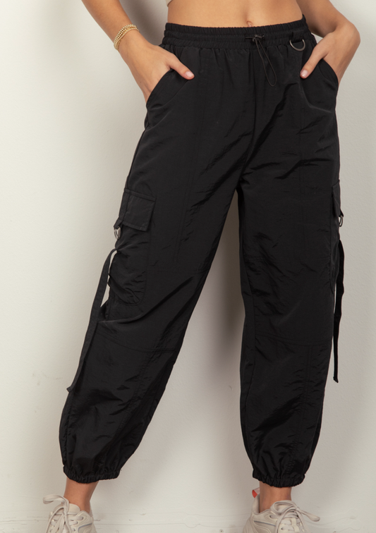 Elastic Waist Solid Woven Cargo Pants